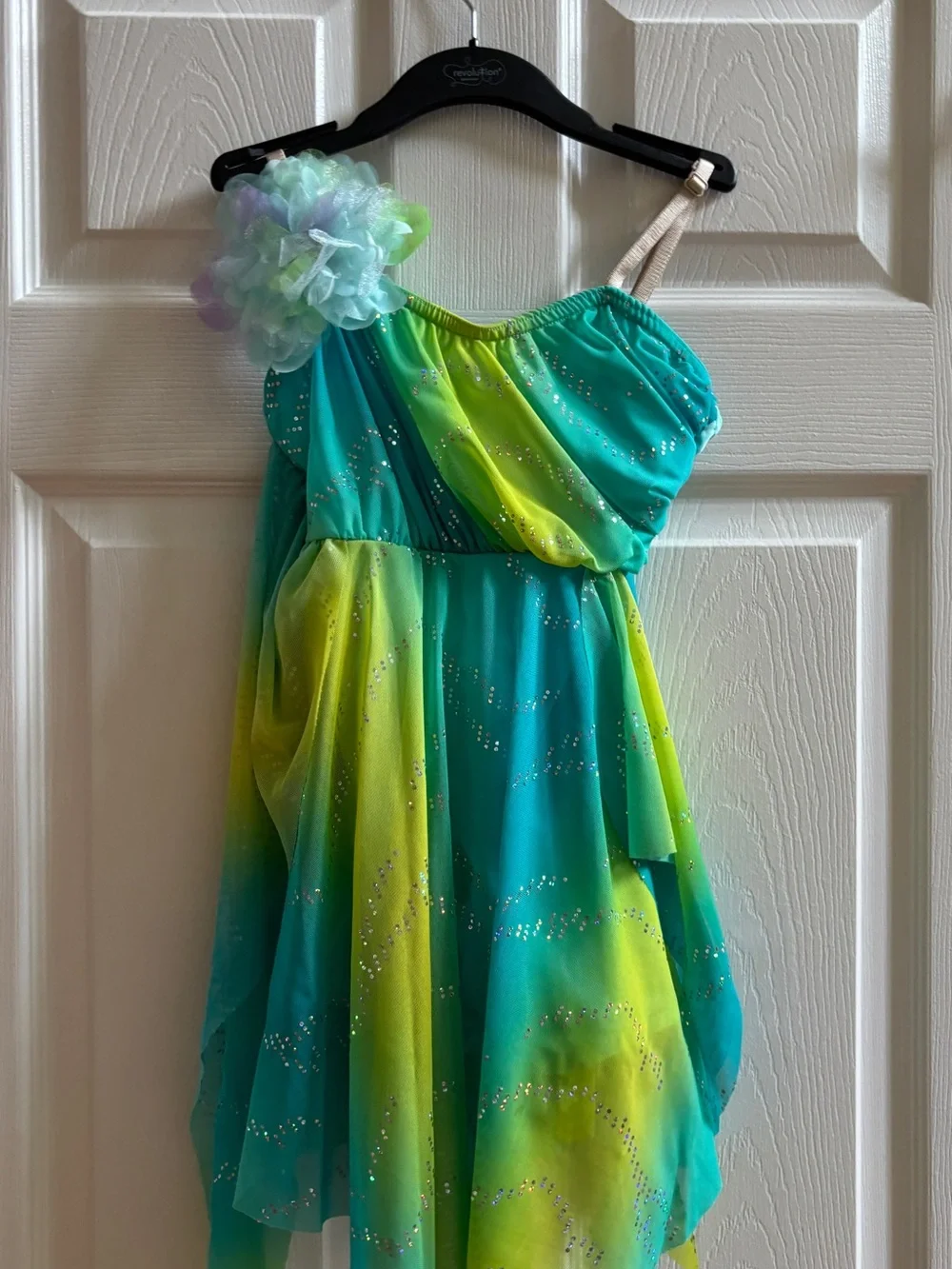 Girls Green-Teal Gradient Fairy Costume Dress with Floral Accent